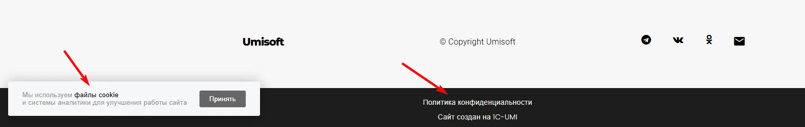 Предупреждение о cookie со ссылками на страницу и файл Политики конфиденциальности