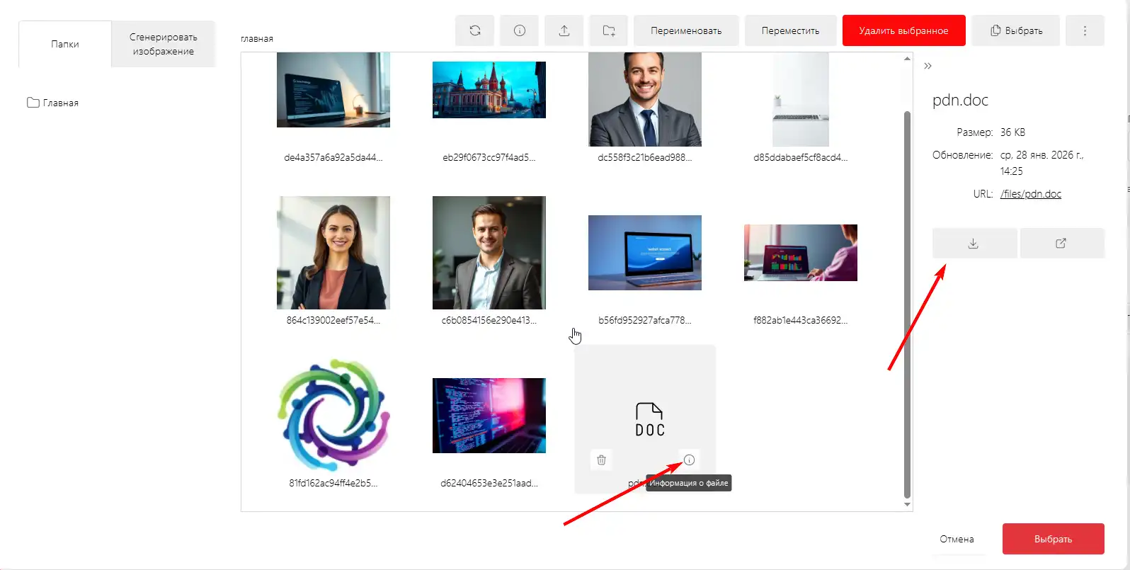 скачивание файла политики Файловый менеджер: файл pdn.doc с открытым меню 'Информация о файле' и кнопкой 'Скачать'