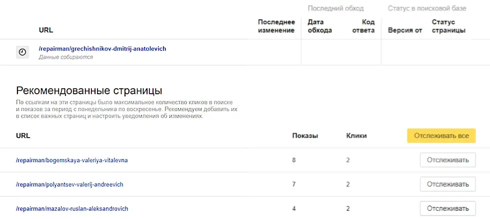 Отслеживание страниц в Яндекс.Вебмастер