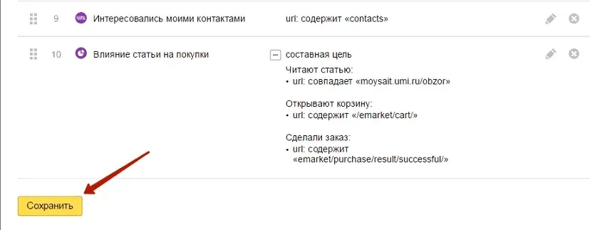 как сохранить цели в яндекс метрике