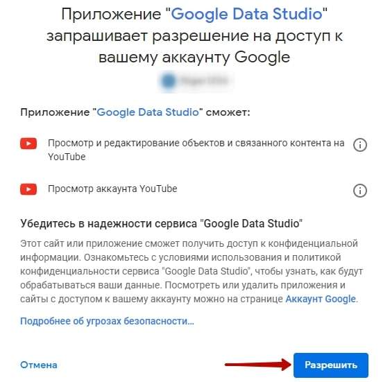 Разрешение для интеграции данных в Google Data Studio для бизнеса