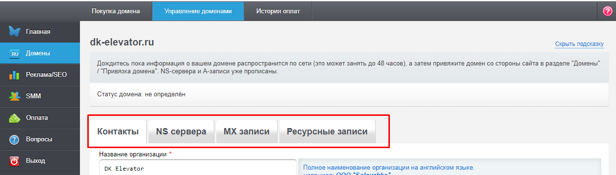 Раздел настроек домена Раздел настроек домена